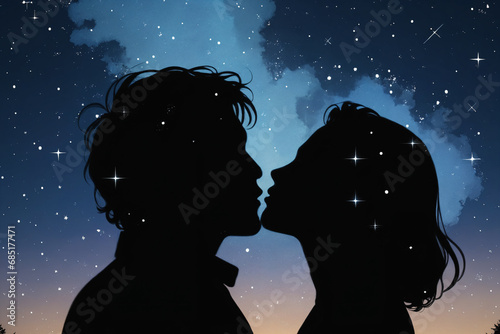 2D silhouette of a couple sharing a kiss against a starry night