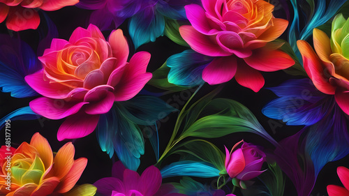 Background with neon abstract flowers. Generative AI