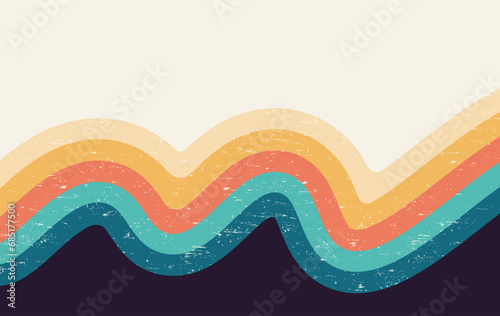 Abstract Colorful vintage 1970 Hippie Retro Minimal stylish wallpaper background of rainbow groovy Wavy Line design with dirty texture. use to cloth, textile, poster, banner, decorative, wall art.