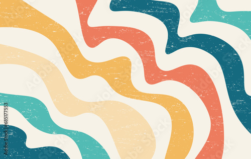 Abstract Colorful vintage 1970 Hippie Retro Minimal stylish wallpaper background of rainbow groovy Wavy Line design with dirty texture. use to cloth, textile, poster, banner, decorative, wall art.