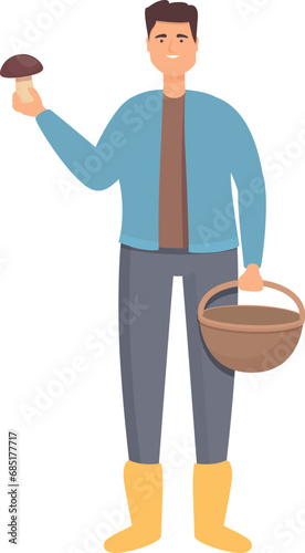 Mushroom picker in rainy boots icon cartoon vector. Smile fall vacation. Timber collect art