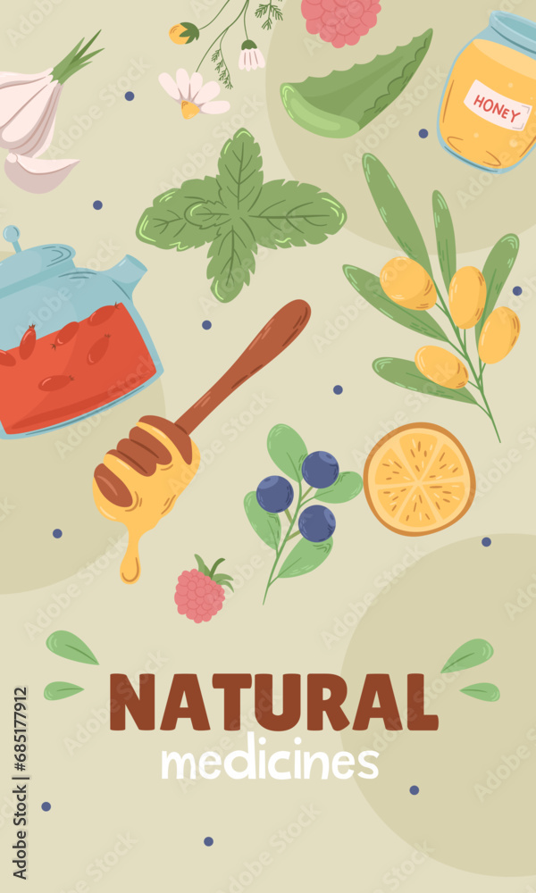 Fototapeta premium Collection of disease treating natural medicine. Collection of natural ingredients and wild fruit product, honey and jam, teapot. Concept of illness treatment, healthcare. Vector illustration