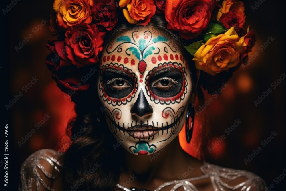 A woman's face in close-up. Makeup for the Day of the dead. A woman's face in close-up. Makeup for the Day of the dead.