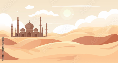 Traditional arabian mosque in sand dune desert. Sunrise in Sahara. Islamic muslim temple, traveling and pilgrimage across middle east. Scenic landscape. Vector illustration