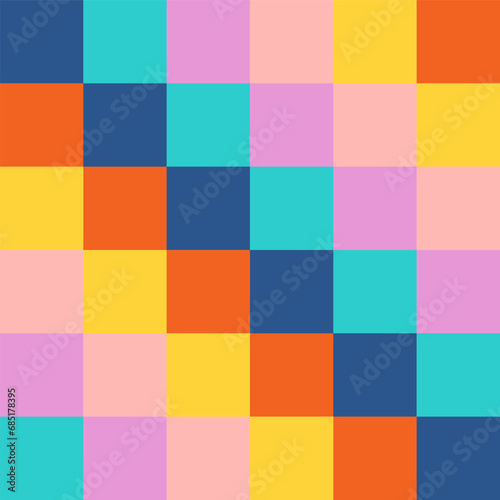 Groovy checkered seamless pattern, vintage aesthetic background, psychedelic checkerboard texture. Funky hippie fashion textile print, retro background with distorted grid tile vector pattern set