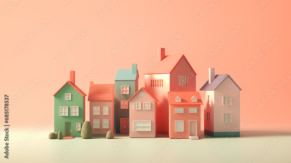 houses isolated on pastel background. concept of changing housing, moving, buying a house, real estate, renovation. copy space houses isolated on pastel background. concept of changing housing, moving, buying a house, real estate, renovation. copy space