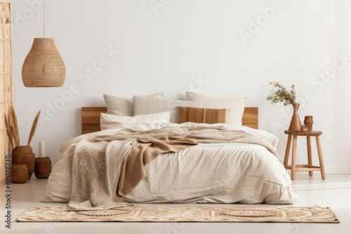 Bedroom interior decoration with Scandinavian-style, warm and cozy tone, Hygge vibe, Hygge tone and minimal modern decor design.