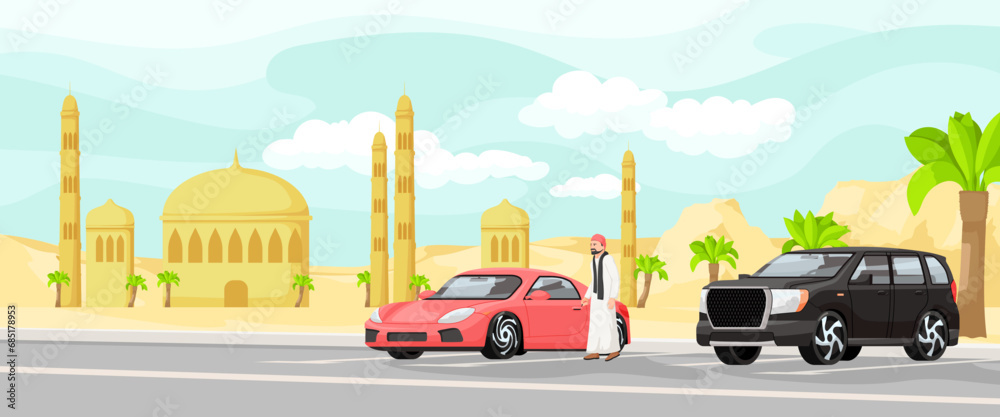 Road with car park and automobiles. Traditional arabian mosque in background. Islamic muslim temple, traveling and pilgrimage across middle east. Scenic landscape. Vector illustration