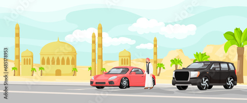 Road with car park and automobiles. Traditional arabian mosque in background. Islamic muslim temple, traveling and pilgrimage across middle east. Scenic landscape. Vector illustration