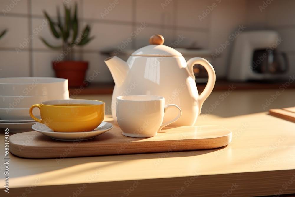 teapot and cups in the kitchen teapot and cups in the kitchen