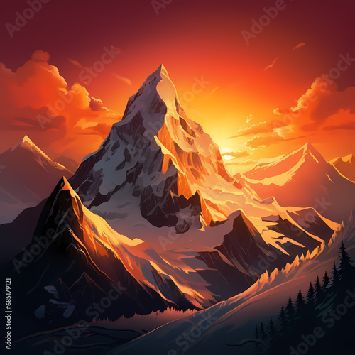 a snowy mountain peak at sunrise with a warm, golden glow