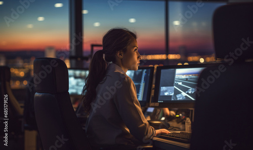 A female air traffic controller sits in the controller's office, which is full of desktop computer displays with navigation screens and flight radar data.
