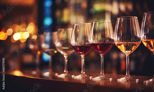 Tastings of various wines located at the counter bar in the restaurant.