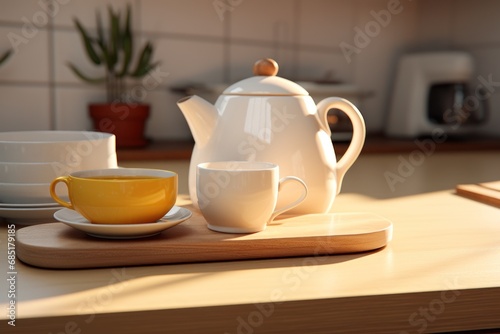 teapot and cups in the kitchen