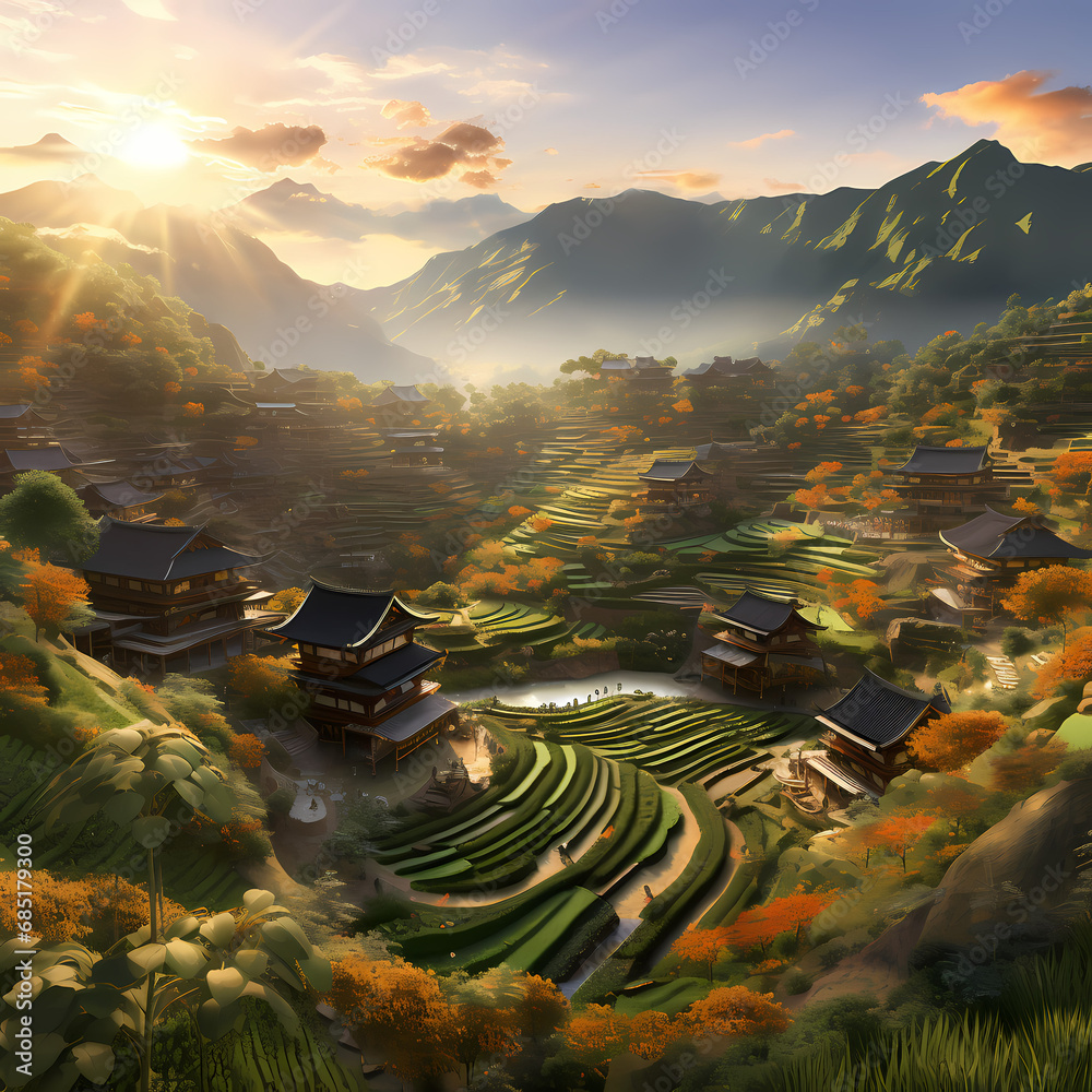 a tranquil village in the hills with terraced fields and warm sunlight