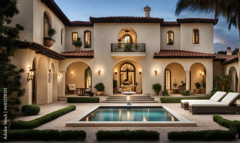 A Mediterranean-style villa with a courtyard and fountain.