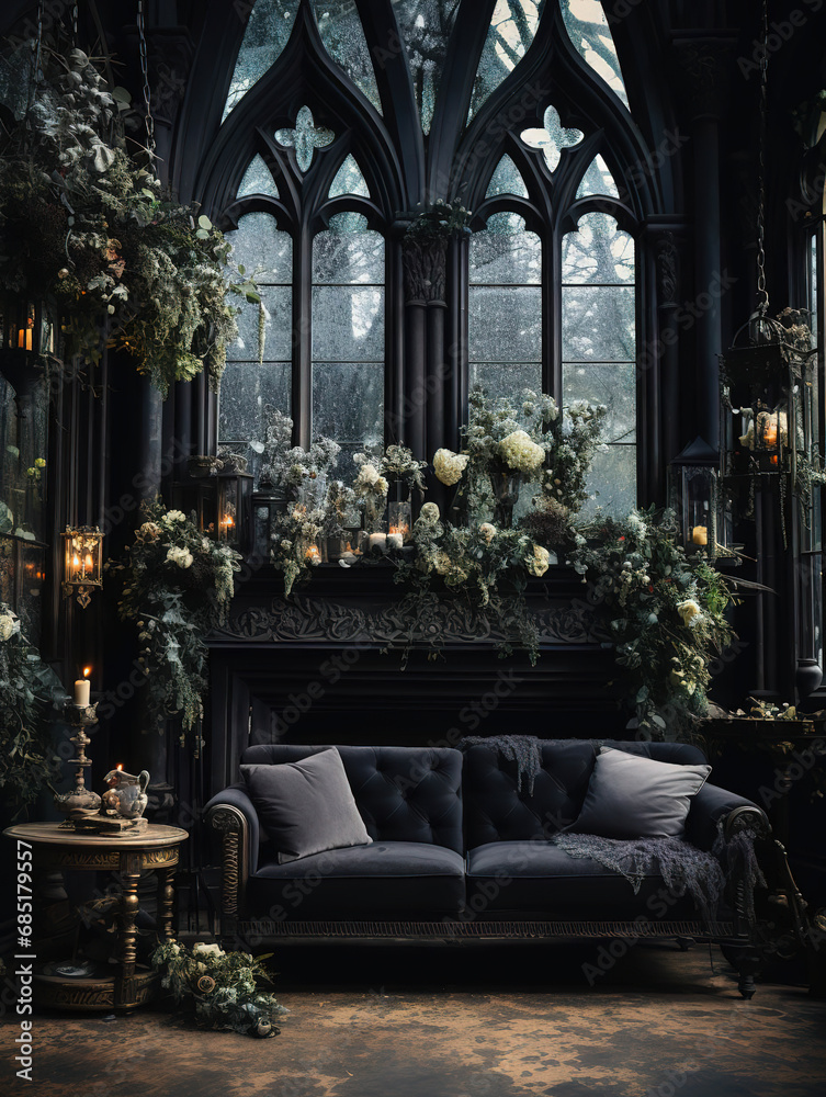 Gothic Living Room with Black Walls and Lush Greenery