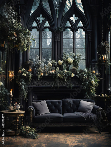 Obraz na płótnie Gothic Living Room with Black Walls and Lush Greenery w salonie