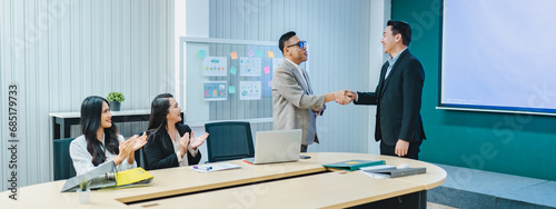 professional businessman person team meeting business partner for a deal agreements partnership job, using hand to make handshake with success teamwork, collaboration corporate work in office company