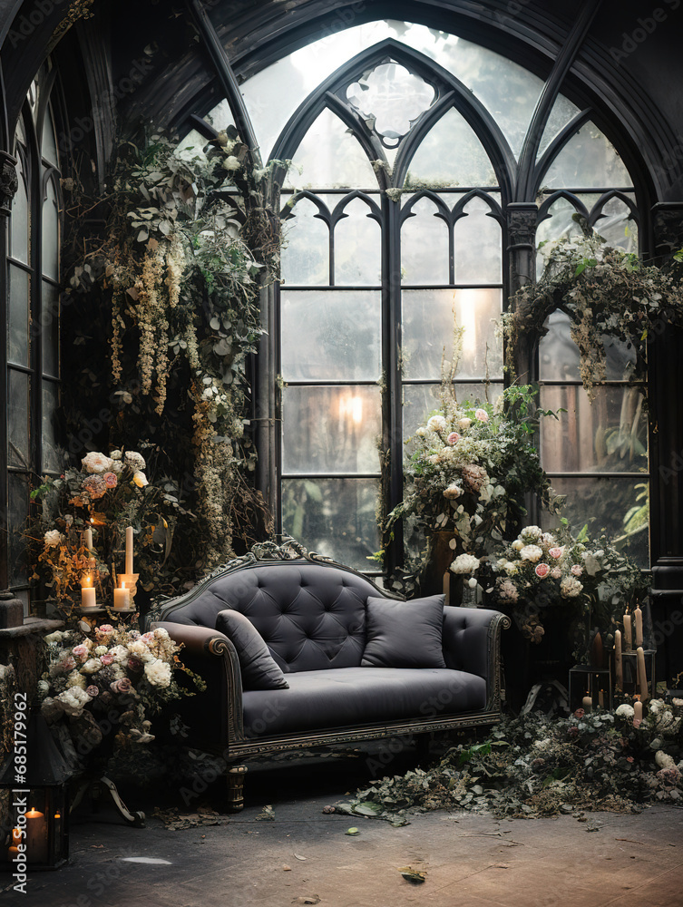 Gothic Living Room with Black Walls and Lush Greenery