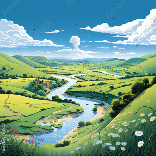 a calming countryside scene with a meandering river and rolling hills