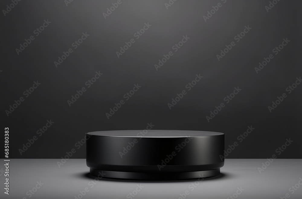 Empty round cylinder black platform podium for product or cosmetics presentation on gray and black colors background. Minimalistic monochrome composition background. Front view Empty round cylinder black platform podium for product or cosmetics presentation on gray and black colors background. Minimalistic monochrome composition background. Front view