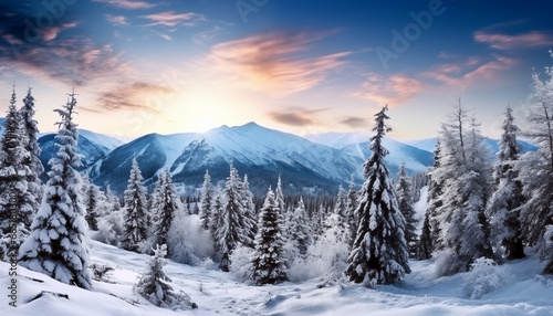 Beautiful in nature. Winter landscape of forest and mountains while sunset.