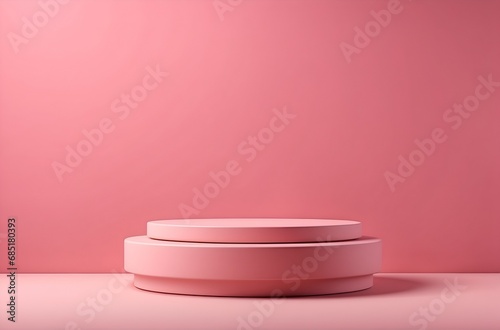 Empty round cylinder pink platform podium for product or cosmetics presentation on pink background. Minimal composition background. Front view photo