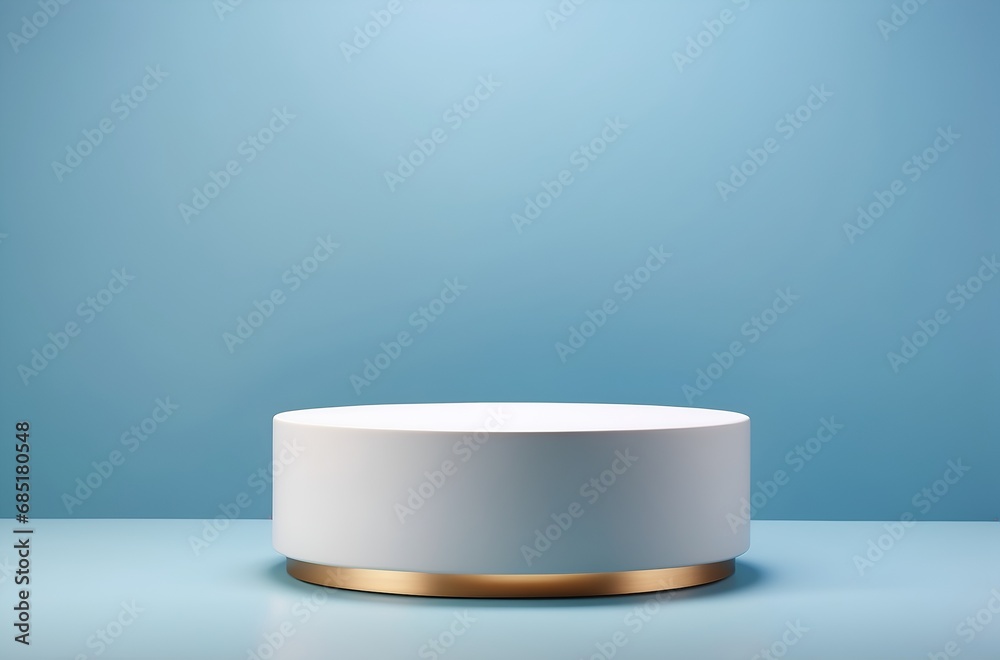 White round cylinder platform pedestal podium with decorated light blue color background. Empty scene stage showcase stand for cosmetic product promotion display presentation. Front view.