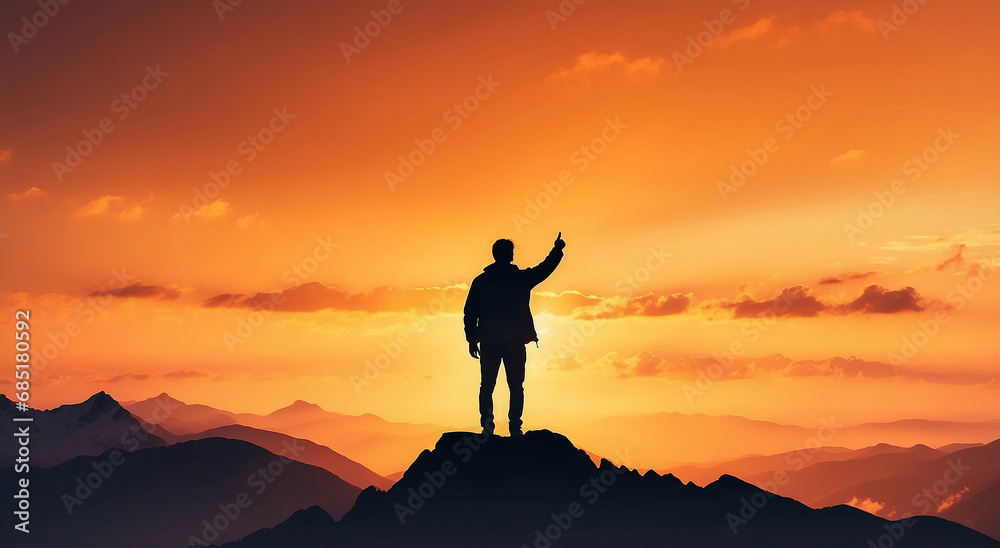 Silhouette of a man on the top of the mountain pointing his finger towards the sky. Evening time with an orange hue - AI Generative