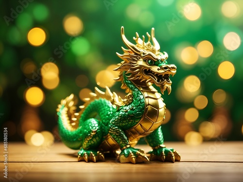 Traditional chinese dragon on festive golden bokeh background. Statuette of a green wooden dragon