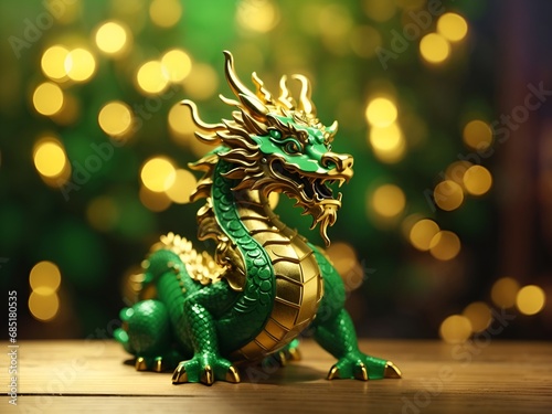 Traditional chinese dragon on festive golden bokeh background. Statuette of a green wooden dragon