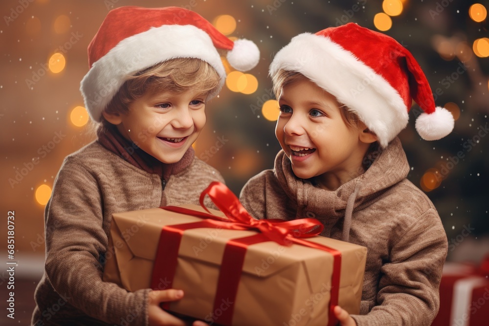 two boys children in Santa hat with gifts two boys children in Santa hat with gifts