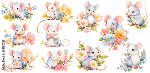 Mice with flower watercolor illustration clipart. Generative AI