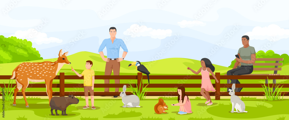 Naklejka premium Cartoon zoo, brown deer, grey rabbit. Wild nature. Visitor play with cute mammal animal. Adults with children. Carrot on fence. Rural picturesque landscape. Vector illustration