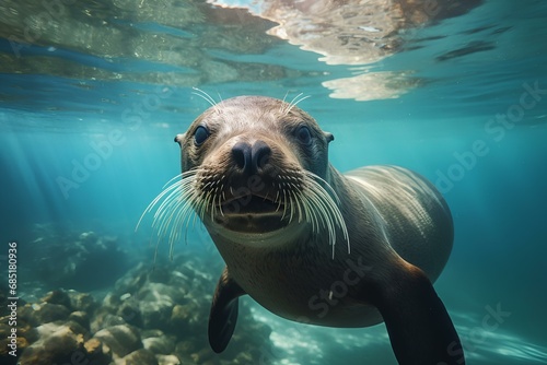 A sea lion swimming underwater. © Vadim