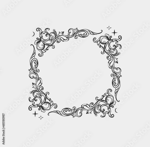 Hand drawn vector abstract outline,graphic,line vintage baroque ornament floral frame in calligraphic elegant modern style.Baroque floral vintage outline design concept.Vector antique frame isolated.