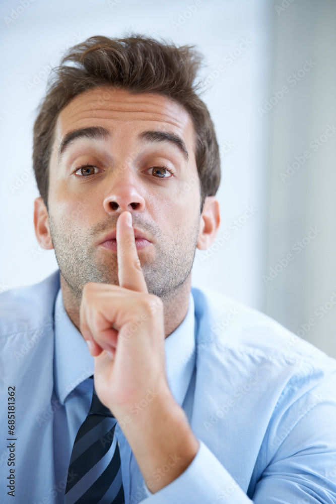 Portrait, business and man with finger on the lips, secret and gossip with mystery, privacy and employee. Face, person and consultant with hand gesture, noise and silent with professional and emoji Portrait, business and man with finger on the lips, secret and gossip with mystery, privacy and employee. Face, person and consultant with hand gesture, noise and silent with professional and emoji