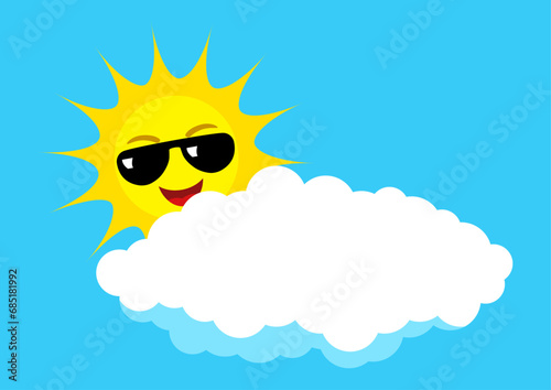 The sun, adorned with cool sunglasses, playfully peeks from behind a fluffy cloud, radiating positivity and lightheartedness