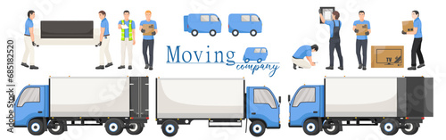 Set of moving company cartoon elements. Collection of worker in uniform holding cardboard box package, delivery van, firm logo. Isolated on white background. Vector illustration
