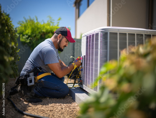 HVAC service technician changing dirty air filter in the central ventilation system. Air duct ventilation system maintenance for clean air.