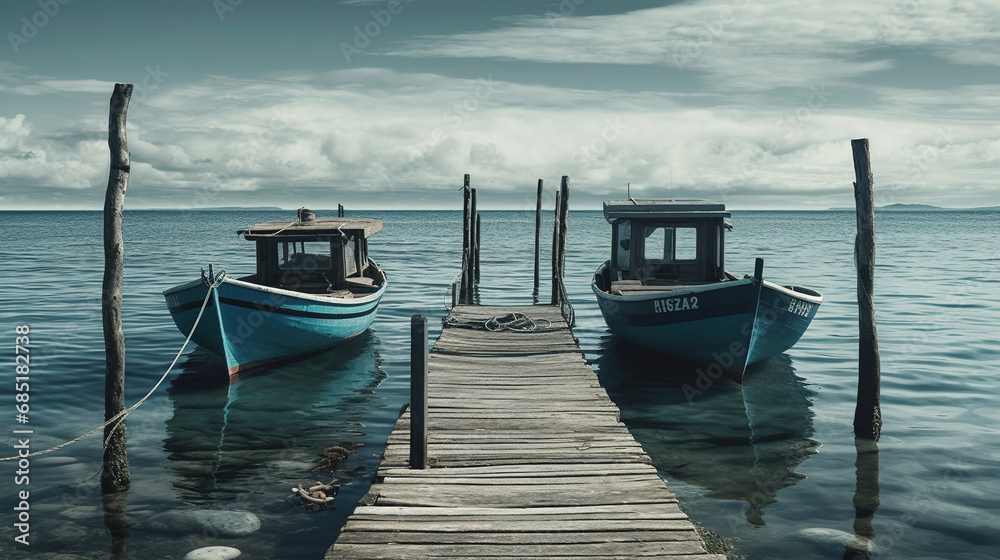 Two Boats On Dock Surrounded by Ocean During Day Time Seascape Background