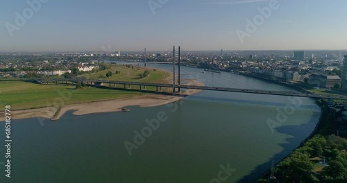 Aerial view of bridge over the river Rhine in Dusseldorf, capital of North Rhine-Westphalia, germany