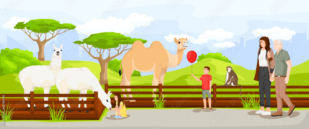 Cartoon tropical zoo, brown camel, white lama. Wild nature. Visitor play with cute mammal animal. Adults with children holding balloon. Monkey on fence. Cityscape and landscape. Vector illustration