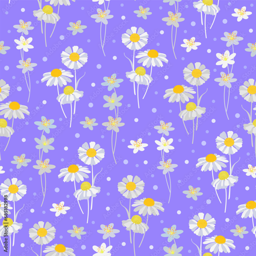 ditsy floral Print. daisy flower seamless pattern. botanical garden with blue polka dots background. good for fabric, fashion design, summer dress, pajama, wallpaper, textile.