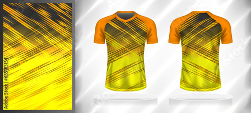 Vector sport pattern design template for V-neck T-shirt front and back with short sleeve view mockup. Dark and light shades of yellow-orange-grey color gradient abstract line texture background.
