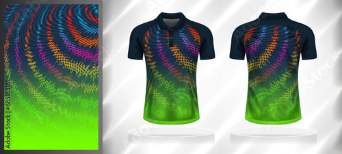 Vector sport pattern design template for Polo T-shirt front and back with short sleeve view mockup. Shades of blue-green-pink-orange color gradient abstract texture background illustration.