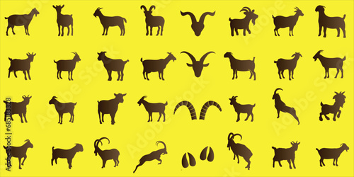 Goat, Vector Illustration, Black Silhouettes, Yellow Background, Different Poses, Angles, Horns, Hooves, Tails Visible