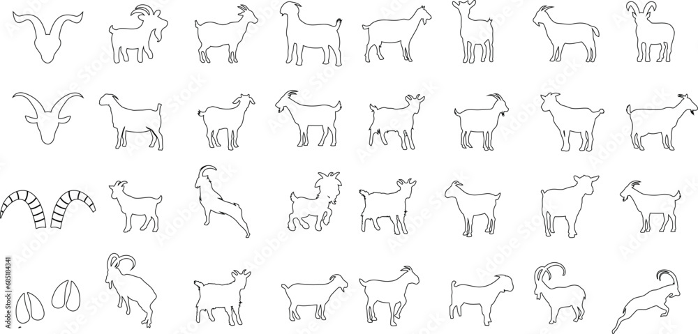 Chèvre, art linéaire, illustration vectorielle, noir et blanc, minimaliste, moderne, tendance, animal de ferme, nature, cornes, sabots, debout, marchant, broutant, mangeant, se reposant Chèvre, art linéaire, illustration vectorielle, noir et blanc, minimaliste, moderne, tendance, animal de ferme, nature, cornes, sabots, debout, marchant, broutant, mangeant, se reposant