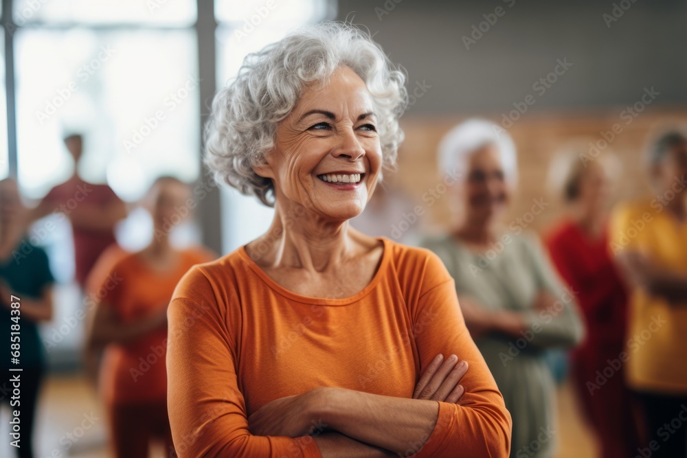 Happy senior woman attending yoga class with smile and positive attitude